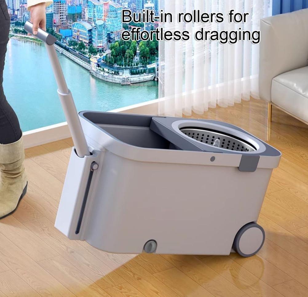 Fregonas Spin Mop Bucket Deluxe, Sistema de Limpieza de Suelos Giratorio de 360°, recambios de Cabezales, Mango extendido, 2 Ruedas para la Limpieza del hogar.