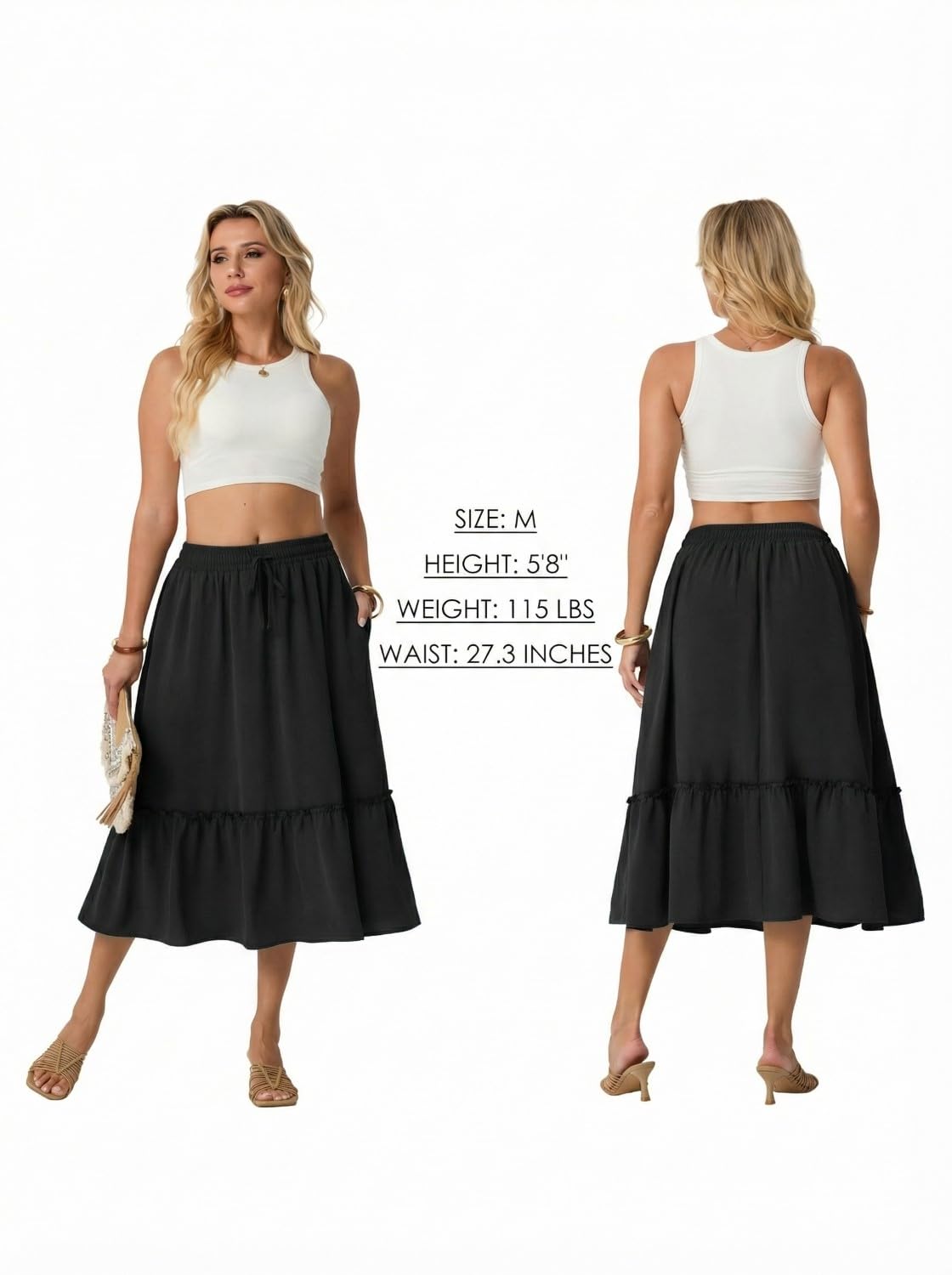 PrinStory Rock Damen Sommer Lang Sommerrock Hohe Taille Midirock mit Taschen Kordelzug Leicht Luftig Skirt