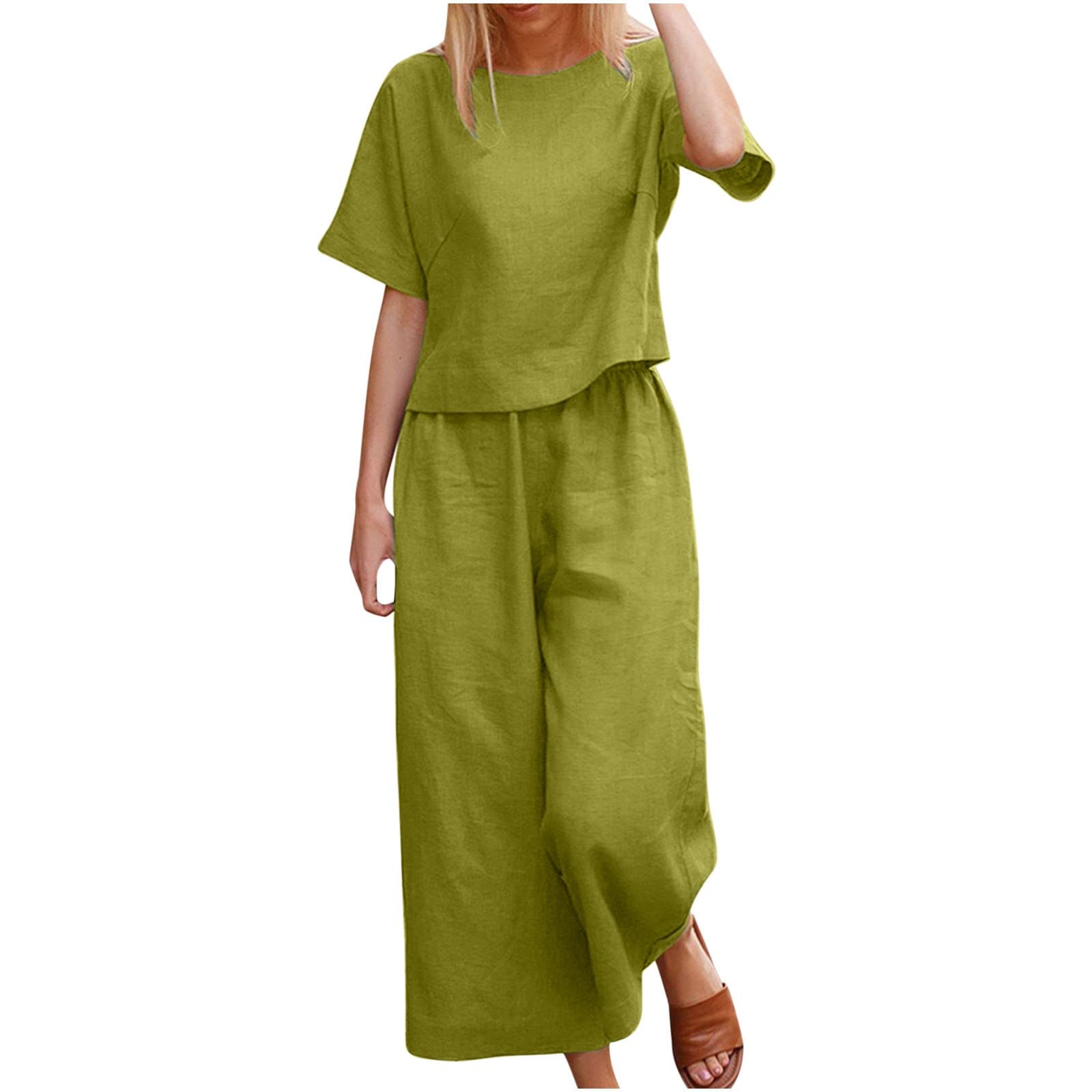 NUSGEAR 2023 Conjunto Dos Piezas Mujer Algodón lino Casual Camiseta manga corta y Pantalones otoño Primavera Deportivo Traje Talla grande Suelto Conjunto Moda Color sólido Cómodo Casa Pijama Chandal
