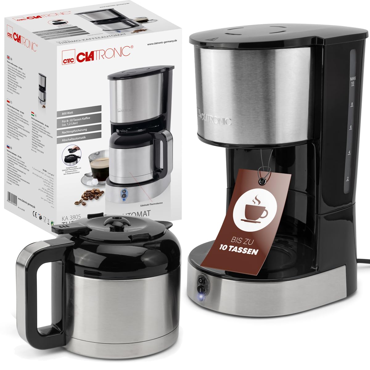 Clatronic® KA 3805 Coffee Machine with Thermos Flask for 8-10 Cups of Coffee (Approx. 1.2 L) | Filter Coffee Machine Stainless Steel | Double-Walled Thermos Flask | No Temperature Loss | Coffee