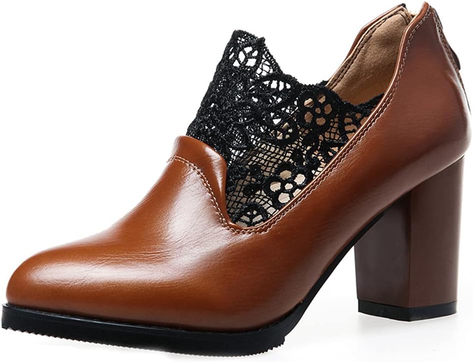 MIOKE Women's Suede Round Toe Bow Pump Oxfords Slip On Chunky High Block Heel Vintage Office Dress Shoes