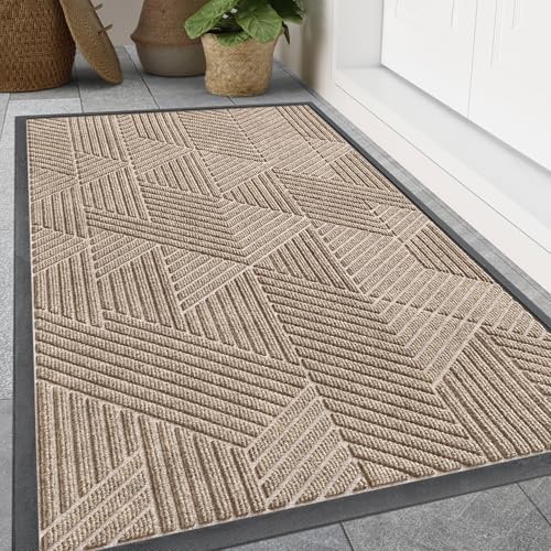 Image of Smiry Front Door Mat Outside Entrance, Heavy Duty Sturdy Natural Rubber Doormat, Trap Dirt and Moisture, Easy Clean Low Profile Mats for Indoor Outdoor Entry, Irregular Triangle (47x32, Mixed Camel)