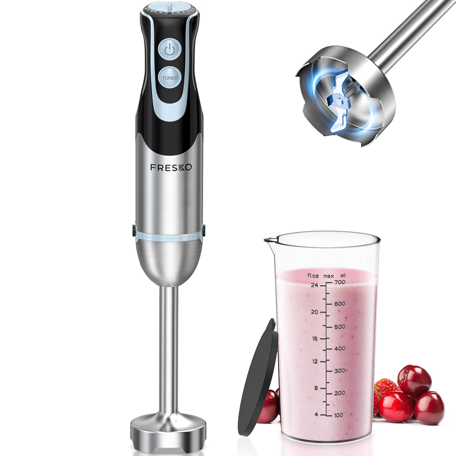 Fresko Hand Blender, 1000 W Minipimer with 12 Speeds, Turbo Function, Stainless Steel, with 700 ml Measuring Cup, for Sauces, Soups, Baby Food (HB3205)