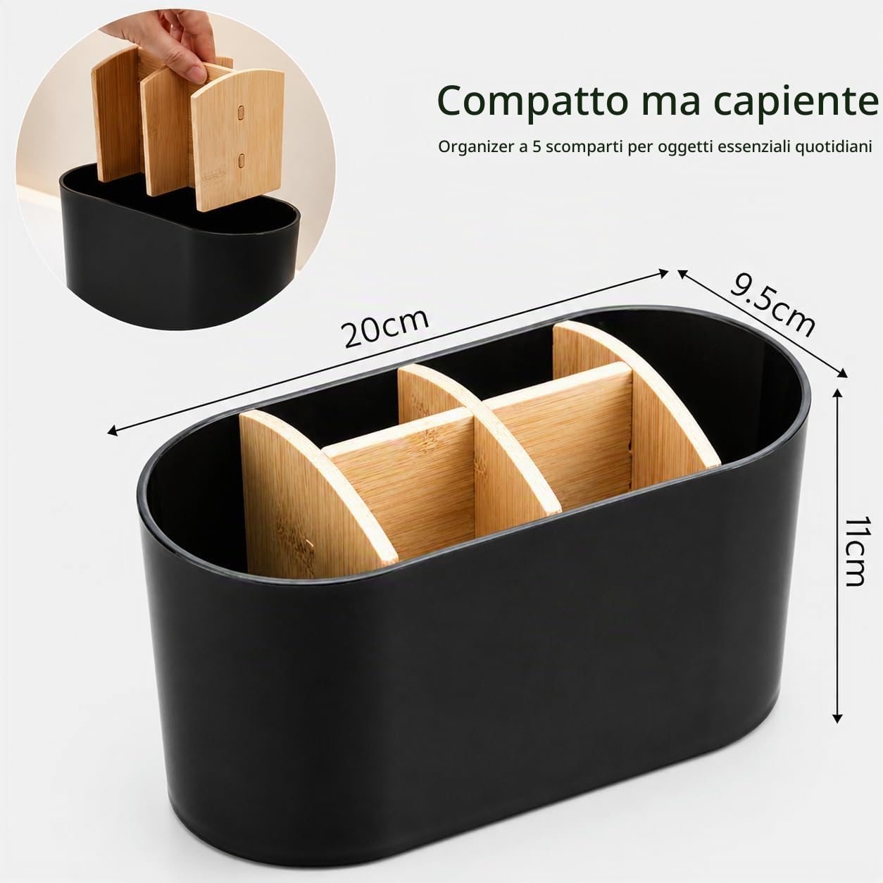 Porta Spazzolino Elettrico da Appoggio, Organizer Bagno con 6 Scomparti e Divisori in Bambù Rimovibili, Portadentifricio Multifunzione per Lavabo Cucina Soggiorno, Nero