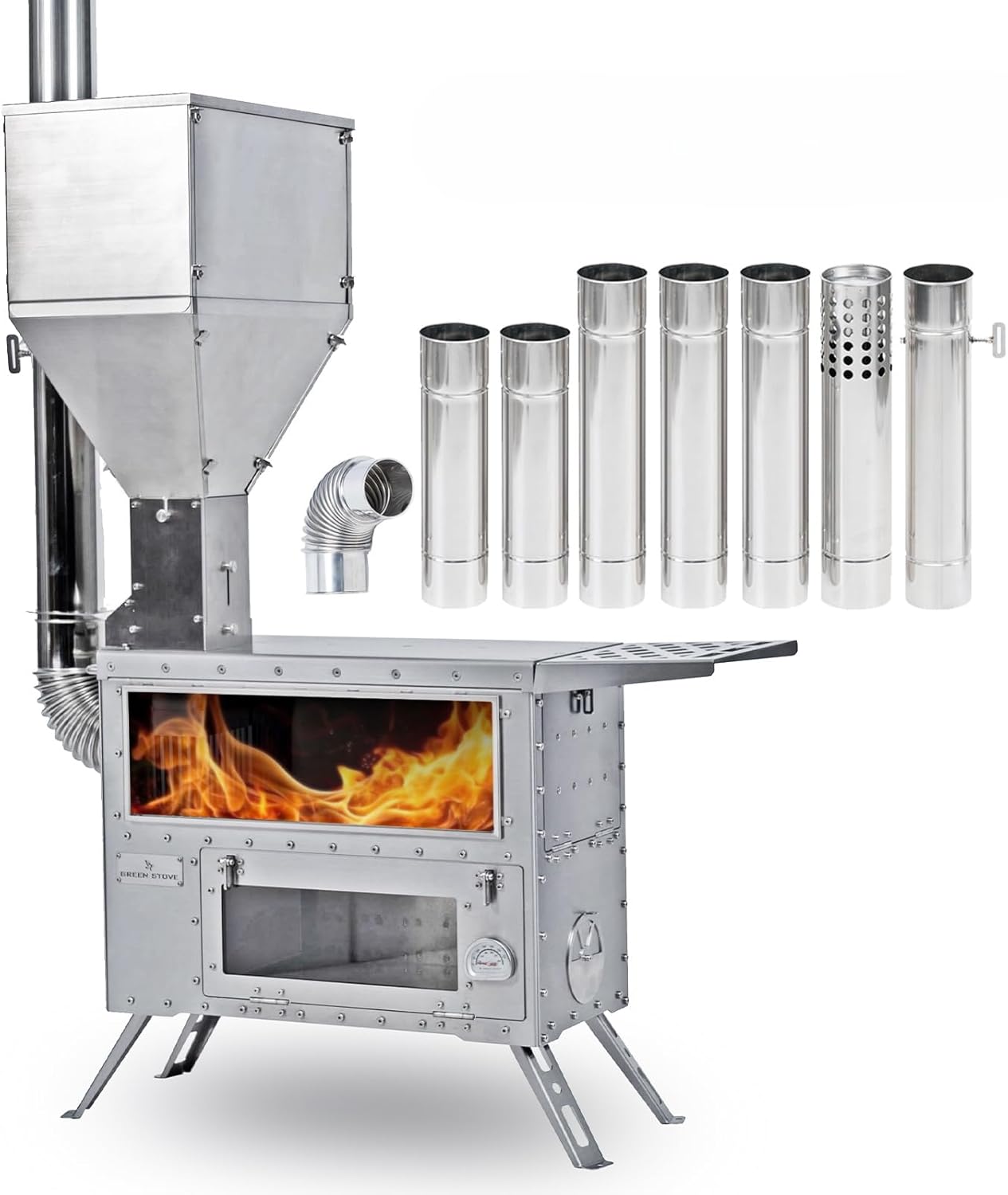 Green Stove Outdoor Camping Stove with Oven, Multi-Fuel Tent Stove Compatible with Wood or Pellets, Portable Stove with Chimney Pipes for Outdoor Use Only（Model: GreenStovehori 5 Max）