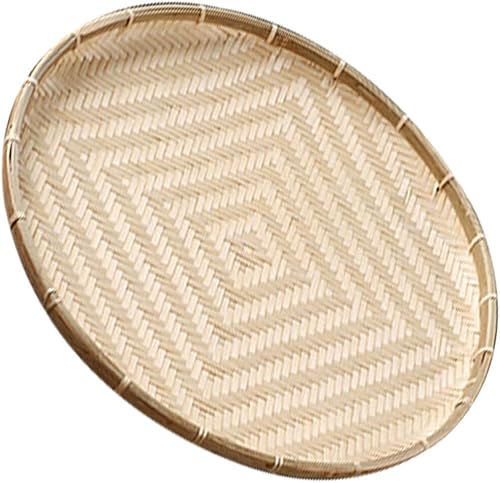 BESTonZON Cesta tejida de bambú hecha a mano, sin agujero, cesta de mimbre para verduras, redonda, plana, poco profunda, adorno de arte de pared