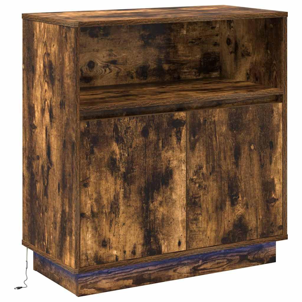 Buffet LED chêne fumé 71 x 34,5 x 75 cm en bois avec bandes LED RVB, portes pivotantes, éclairage alimenté par USB