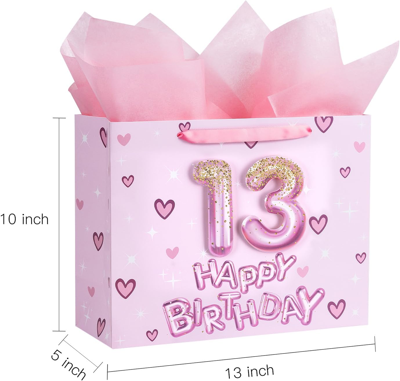Loveinside 13th Birthday Gift Bag for Girls, Pink 3D Number 13 Balloons and Hearts Design, Medium Size Bag with Tissue Paper, Tag, Greeting Card, Ideal for Birthday Celebration, 10" x 5" x 13", 1 Pcs - Image 2