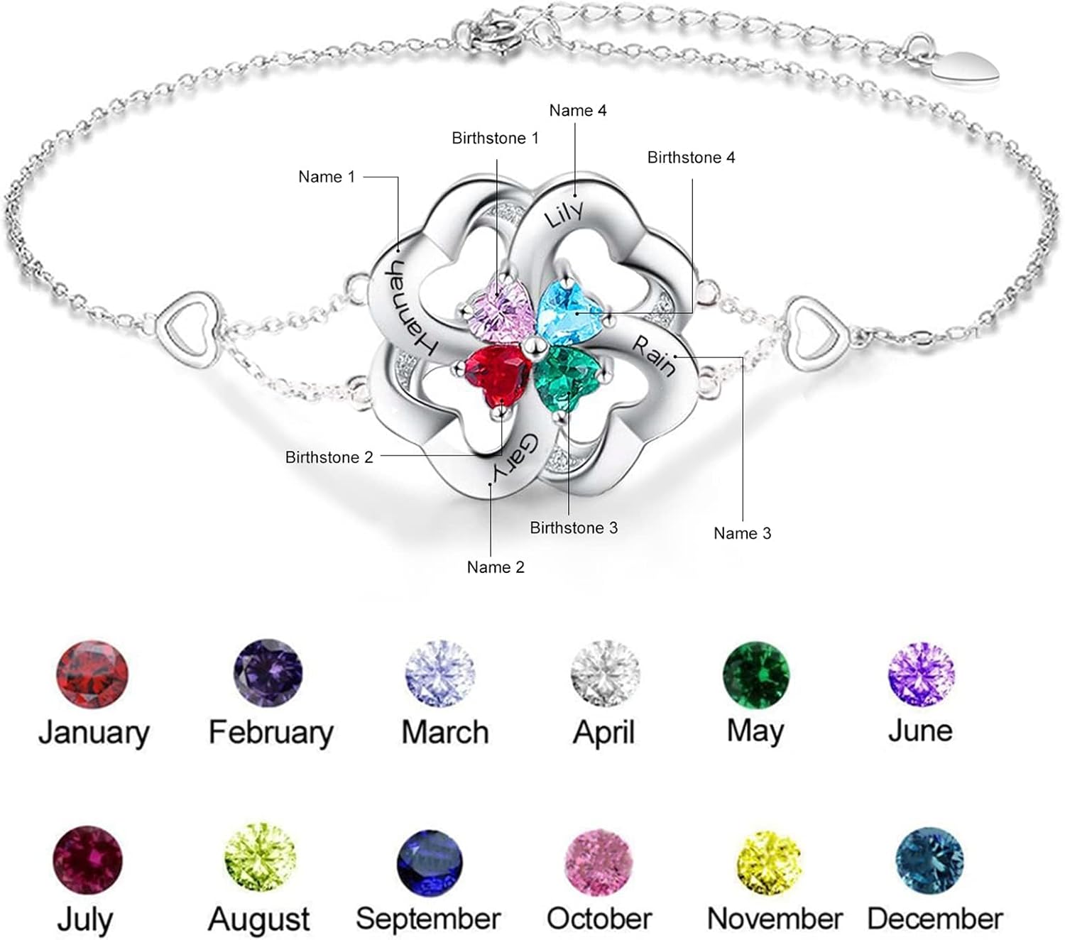 Personalized Mother Name Bracelet with 1 to 5 Birthstones & Engraved Names Custom Heart Bracelets for Mother's Day Women
