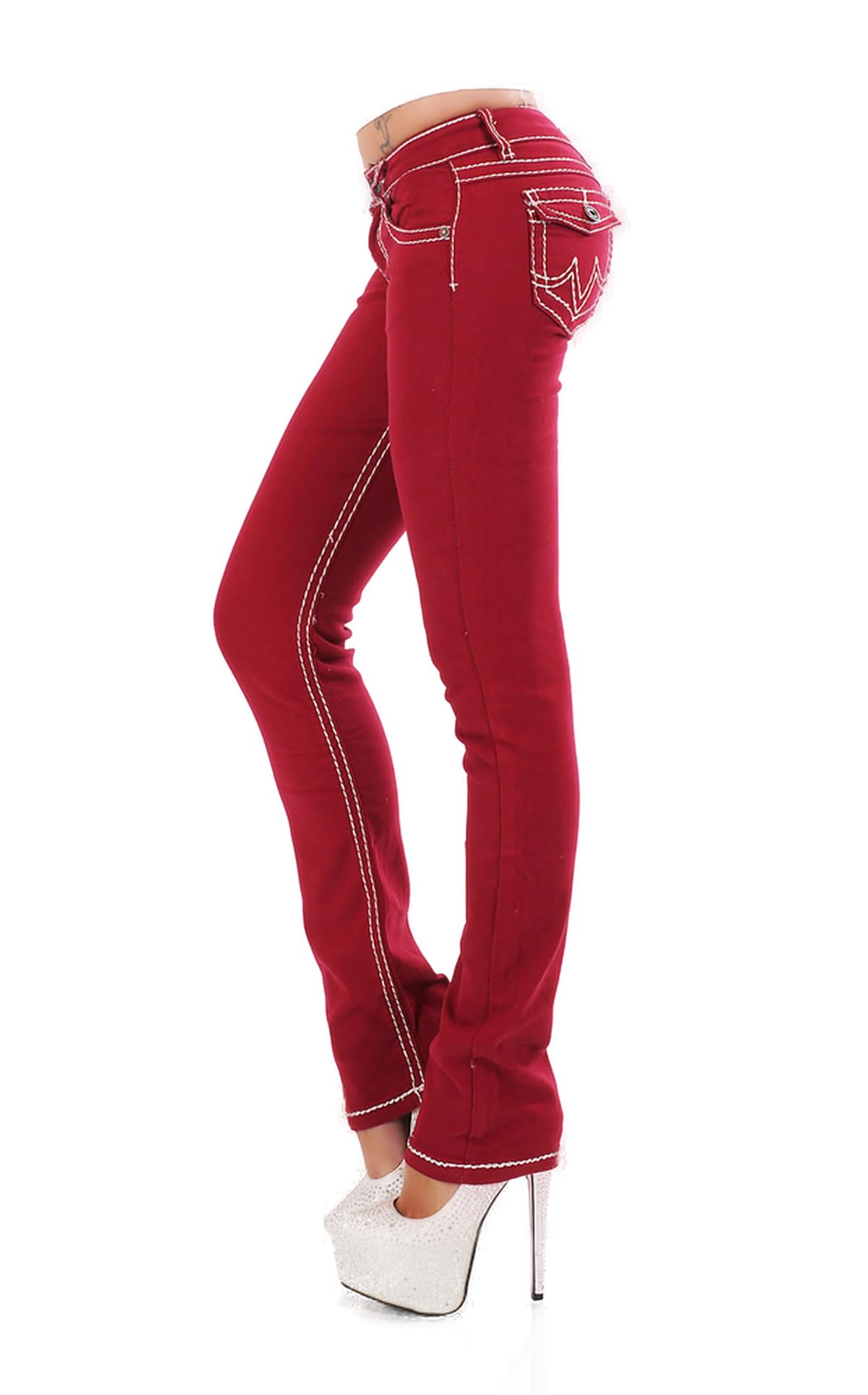 Miss RJ Jeans Damen Skinny Jeans Flap Pocket Dicke Nähte Jeanshose