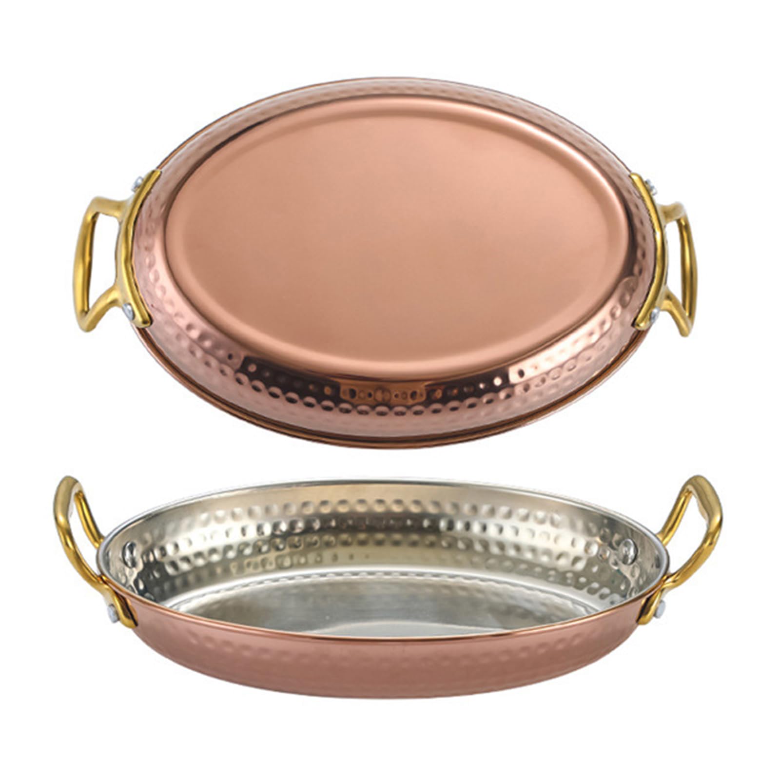 304 Stainless Steel Oval Spanish Paella Pan Hand Hammered Seafood Paella Pot Non Stick Paella Dish Cookware with Dual Handle for Homes Or Restaurants,Rose Gold,14cm