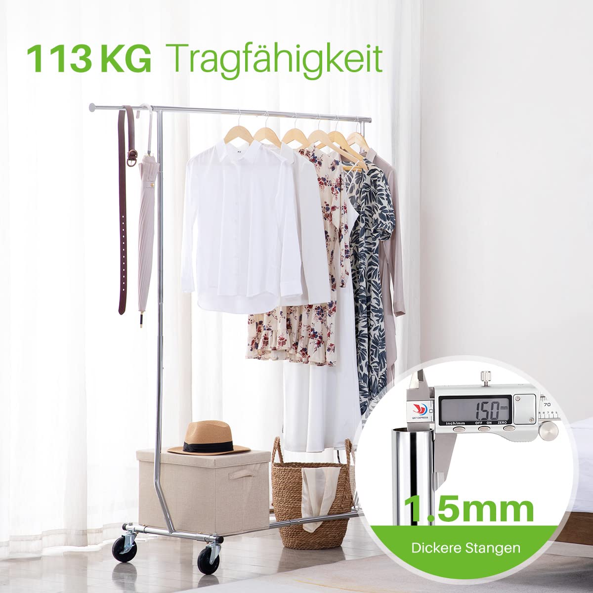 HOKEEPER 113kg Tragfähigkeit Kommerzielle Grade Kleidung Kleiderständer Heavy Duty Sing Rail Einstellbare zusammenklappbare Rolling Kleiderständer auf Rädern,Chrom Finish | Heavy Duty, kommerziell, zum Aufhängen von Kleidung, 4 Rollen, 2 feststellbar, ein