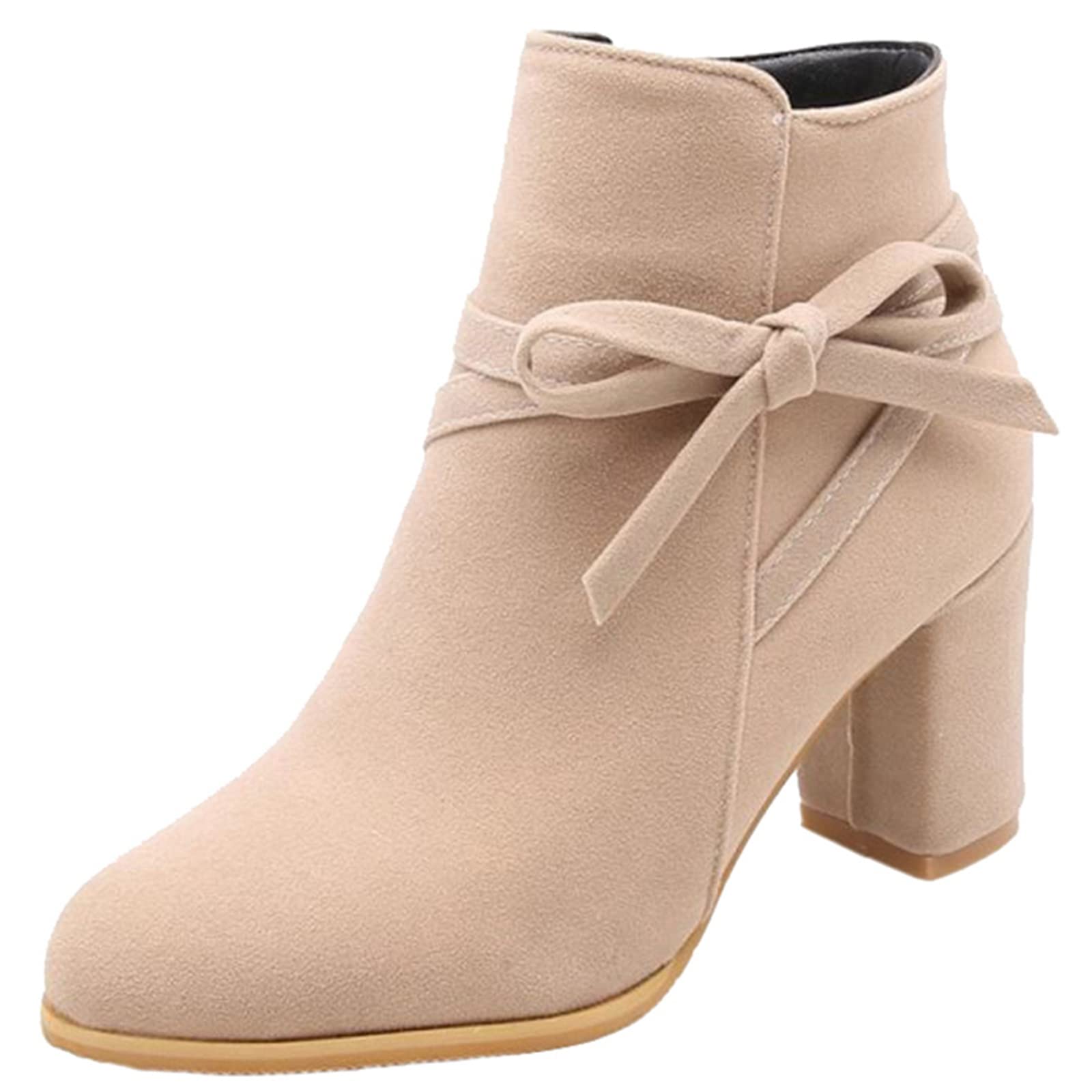 Onewus Damen Stiefeletten mit Blockabsatz und Schleife Reißverschluss