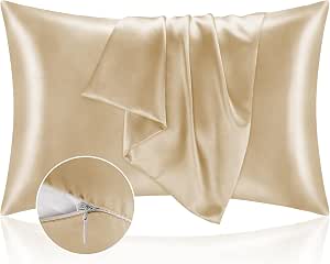 BEDELITE Zipper Satin Pillowcases, Standard Size 20"x26", Champagne, 2 Pcs
