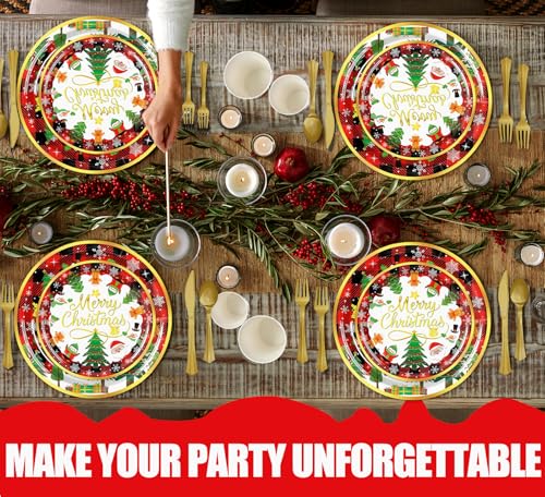 Christmas Party Decorations Supplies - 175 PCS Merry Christmas Red Plaid Disposable Dinnerware Set Xmas Paper Plates and Napkins Sets with Cups Fork Spoon for Holiday Party Supplies, Serve 25 – Image 7