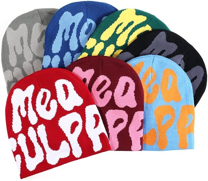 TaowaveWomen Beanie Y2k Hat,MEA Culpa Graphic Beanies Designs,Winter Hat Knit Skull Cap Gray Blue - Image 4