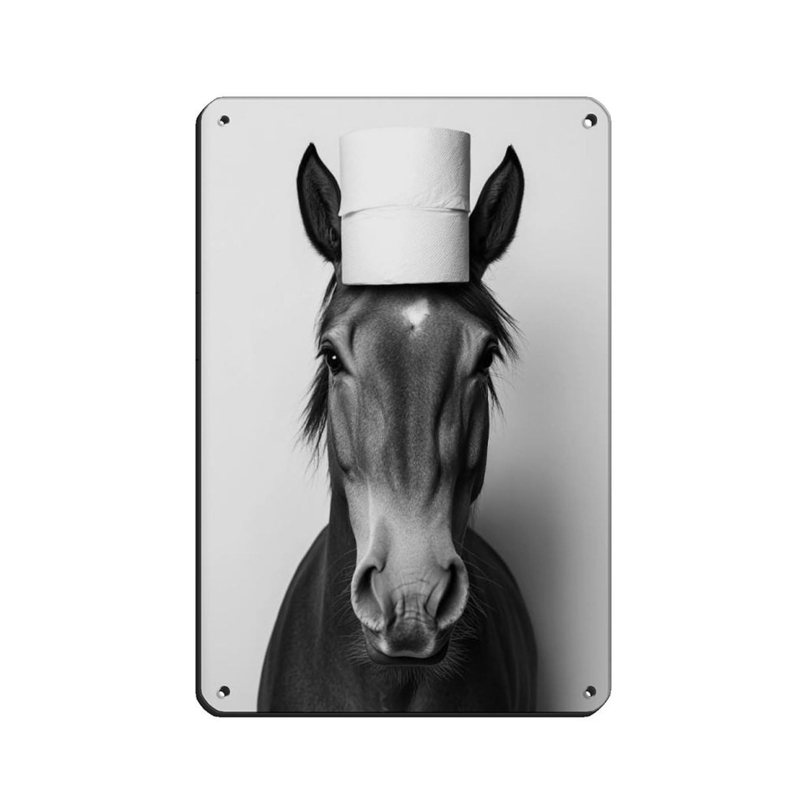 Horse with A Toilet Paper Roll on Head Retro Poster Metal Tin Sign Chic Art Retro Iron Painting Bar People Cave Cafe Family Garage Poster Wall Decoration 8x12inch(20x30cm)