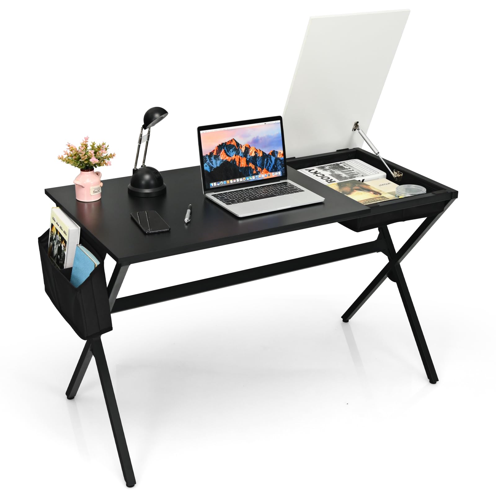 GIANTEX Scrivania per computer con portaoggetti pieghevole | Tavolo da scrittura con borsa portaoggetti laterale, postazione di lavoro in telaio metallico, 120 x 60 x 73,5 cm