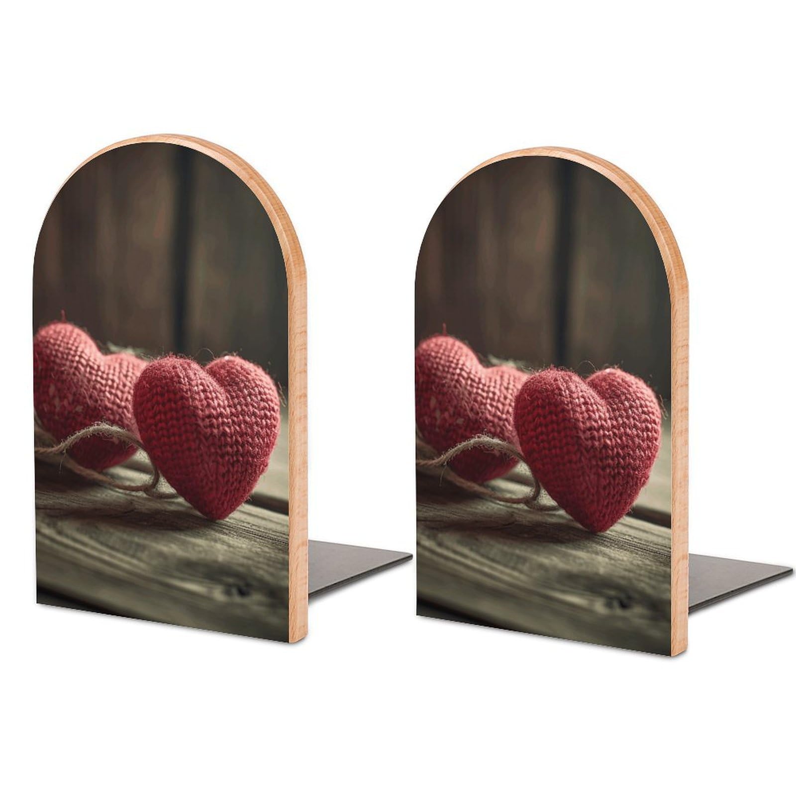 Two Crocheted Hearts Wood Bookends Non-Slip Bookends with Metal Bases Desktop Book Stand Holders Decorative Book Stoppers Wooden Book Ends for Office Files Magazine