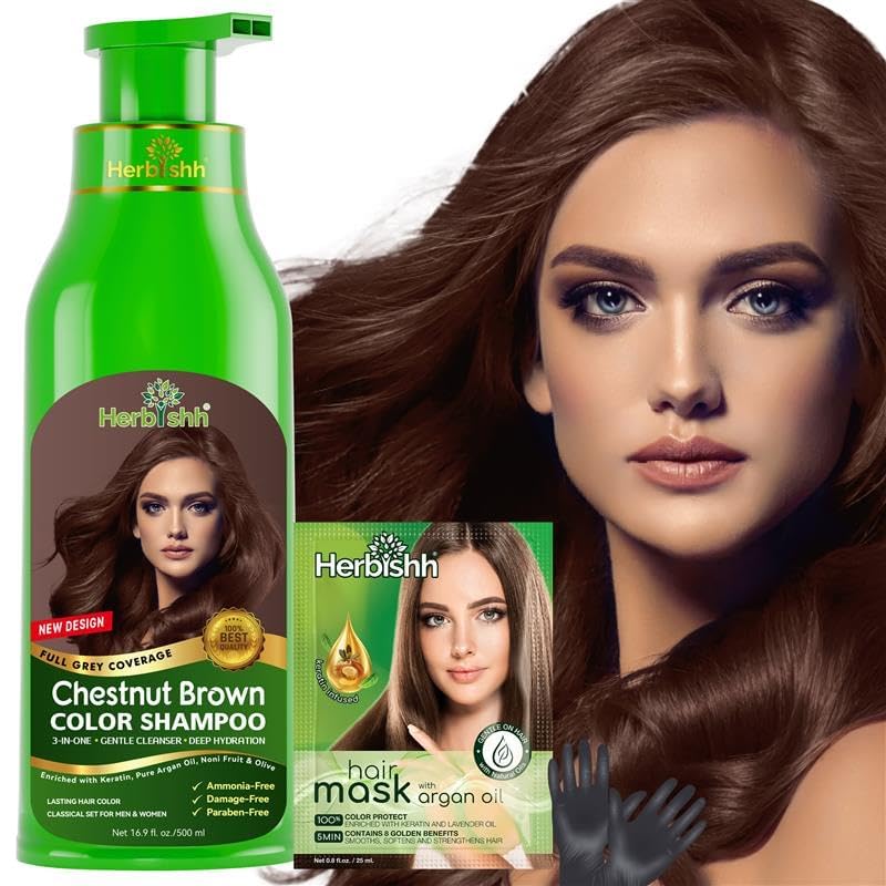Hair Colour Shampoo for Grey Hair, Chestnut Brown, 500 ml, Ammonia-Free 3-in-1 Hair Dye Shampoo, Colours Hair in Minutes, Long-Lasting Colour