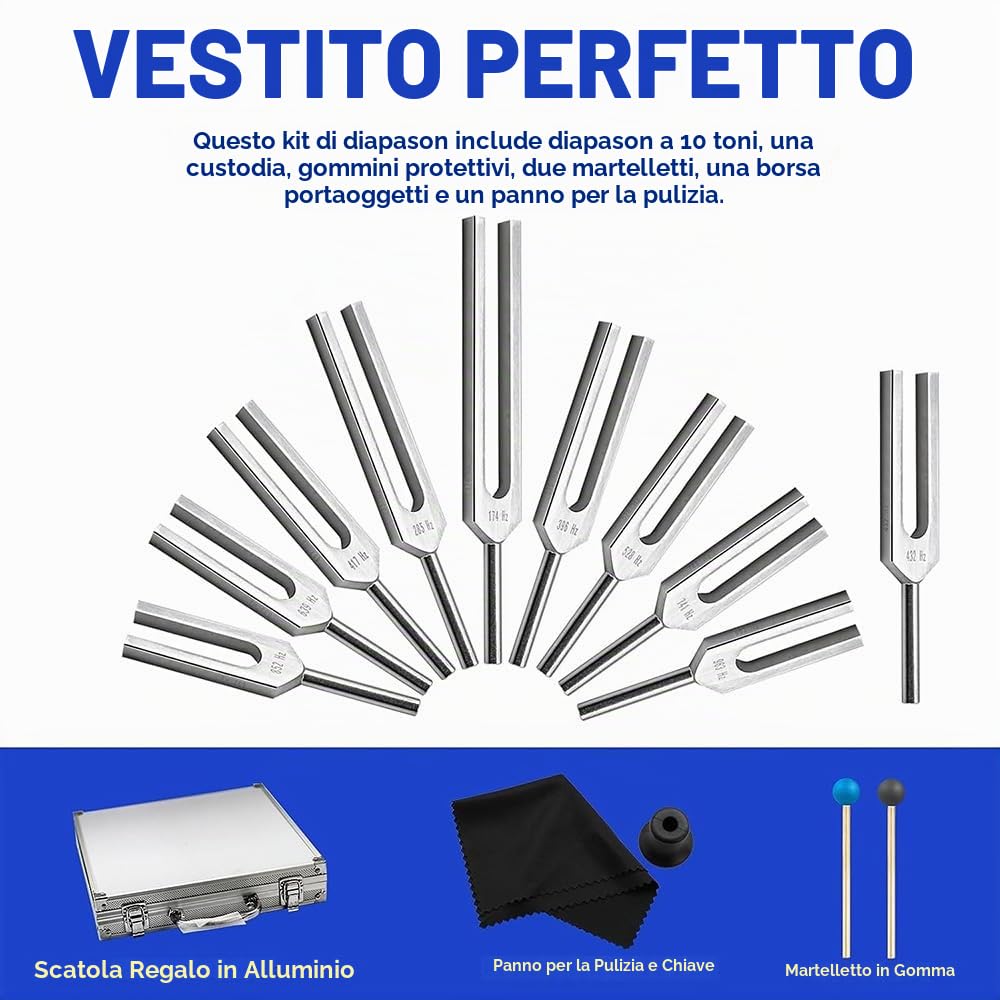 Diapason Neurologico,Set di 10 pezzi con base + 2 martelli in silicone e panno per la pulizia, diapason ideale per la guarigione dei chakra, la guarigione del suono e l'antistress.