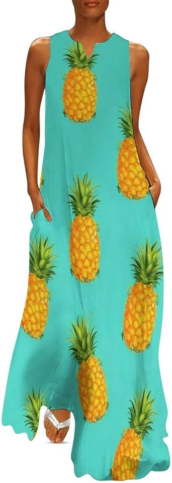 Casual Maxi Dress for Women Girl Sleeveless Loose Sundress Upside Down Pineapples Tropical Lightweight Beach Long Dresses for Summer Vacation 2XL