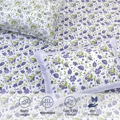 Image of TOAI Hand Block Printed Bedsheet | Bed Sheet Flatsheet | Pure Cotton | Double Bed King Size 108 inchx108 inch | 300 TC Bedsheets | Includes 2 Pillow Covers (Purple Green Floral Spread)