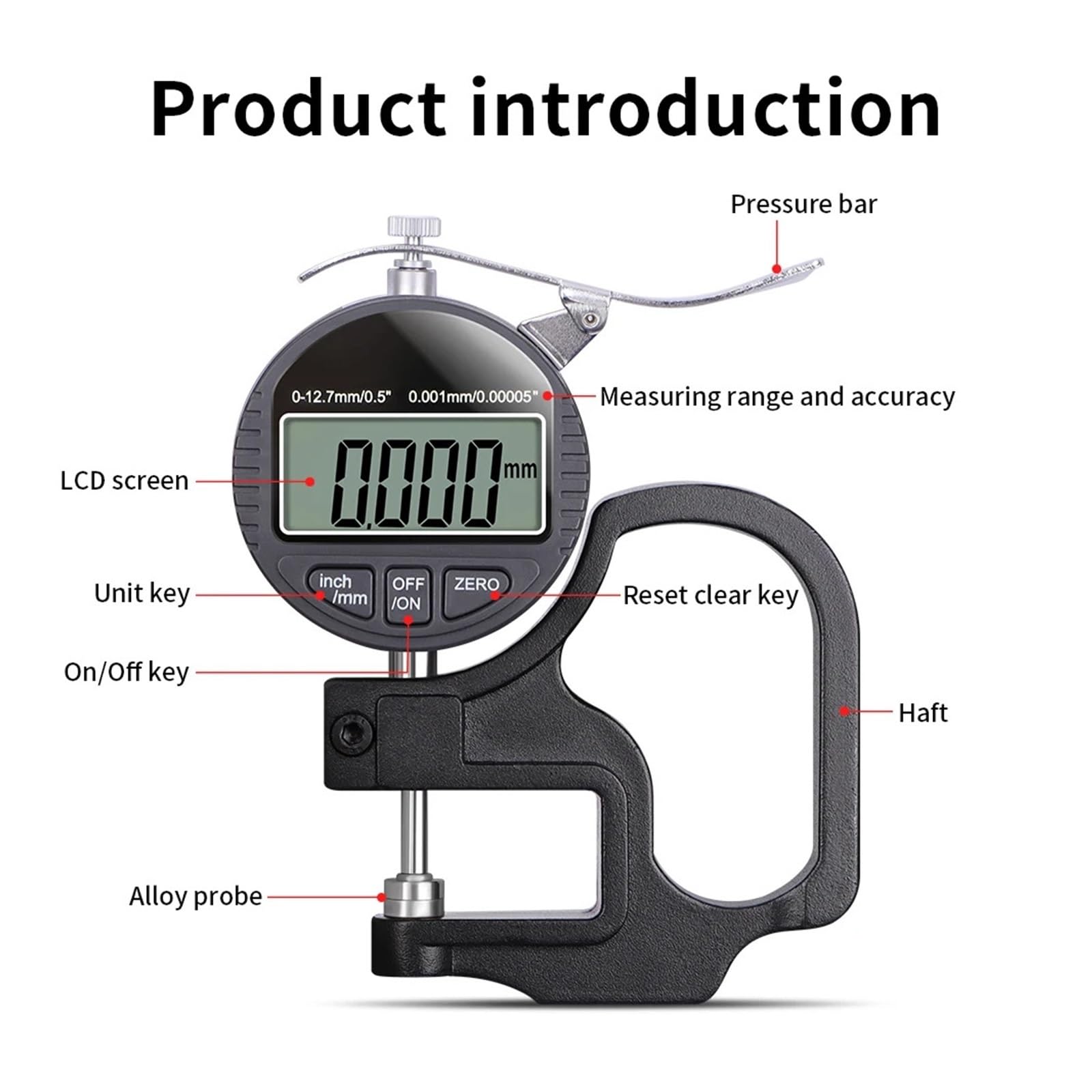 Medidor de espesor digital, Medidor de espesor electrónico 12,7 mm (0,01/0,001 mm), calibrador digital, micrómetro preciso, medidor, herramienta medición alta precisión,Industrial(0.001mm)