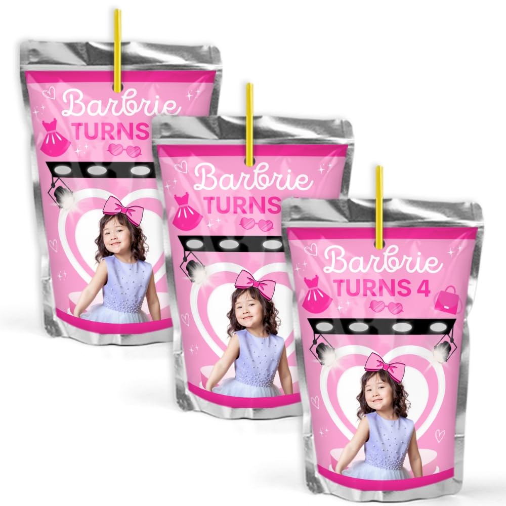 Fashion Doll Inspired Juice Pouch Labels, Pink Party Favors, Glamour Party Decorations for Girls Doll Birthday Party, Set of 12