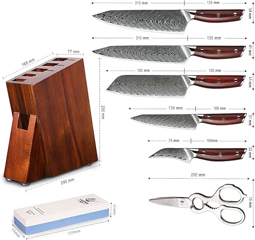 Miniatura 6 de YARENH Juego de cuchillos de cocina de 8 piezas con bloque, cuchillo de chef de damasco, acero inoxidable de alto carbono de 67 capas, cuchillas