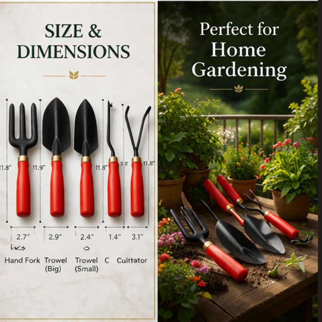 Saphirre Seeds 5-Piece Garden Tool Kit | Heavy Duty Gardening Tools Set for Home Gardening | Hand Trowel, Fork, Weeder, Cultivator | Balcony & Terrace Garden Tools 4