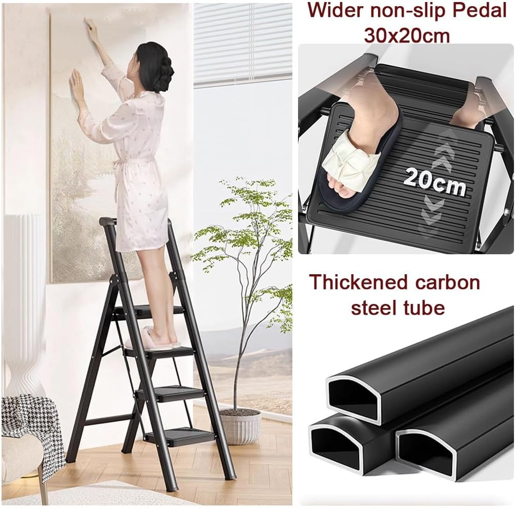 YCKEGEW Household Ladder 4 Step Ladders Portable Foldable Stepladder with Handrail Anti-Slip Mat,for High Closet,Ourdoor Step Stool,Maximum Load 150 Kg(White)