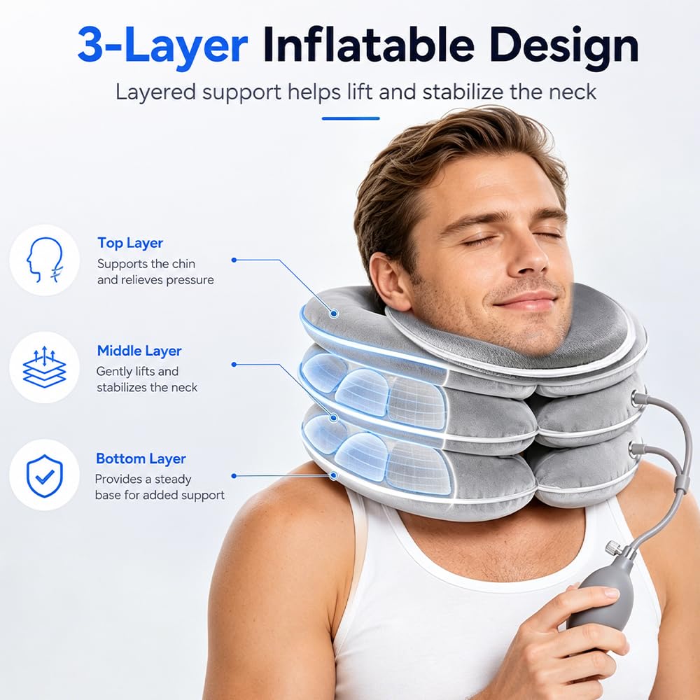 Trazione Cervicale, Collare Cervicale Gonfiabile con Supporto Mento, Decompressione Cervicali, Collare Ortopedico Cervical per Sollievo Dolori Cervicali