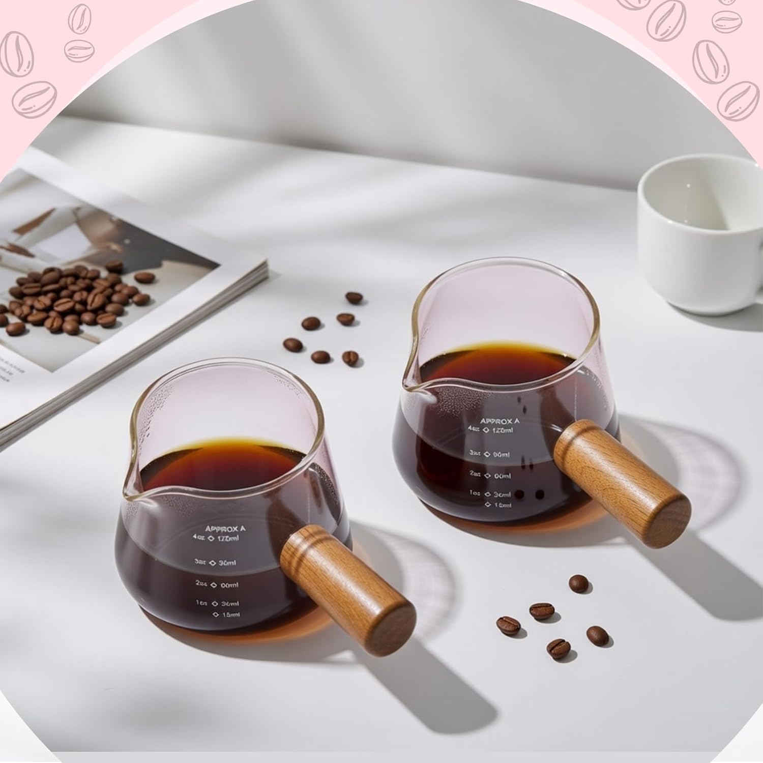 Willinglong 4 Pack Pink Glass Espresso Measuring Milk Cups 4 oz Glass Single Spouts Cup with Glasses Handle V-shaped Spout Espresso Shot Cup for Machine Demitasse Cups, Dishwasher Safe