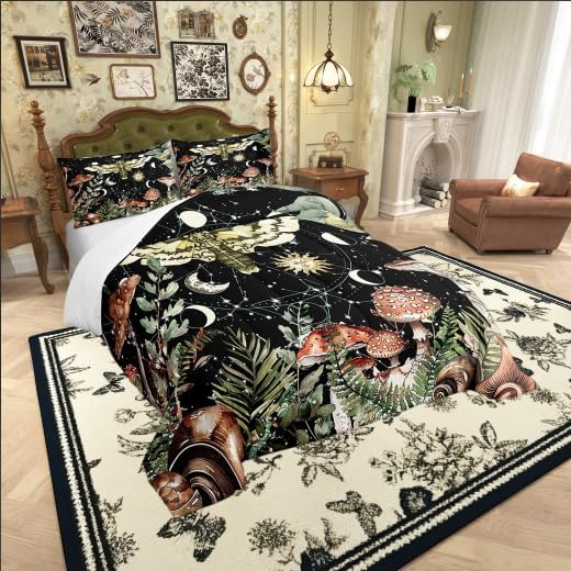Miniatura 2 de Castle Fairy Juego de edredón de cama tamaño Queen, diseño de hongos y selva silvestre, diseño de calavera de polilla, juego de ropa de cama súper