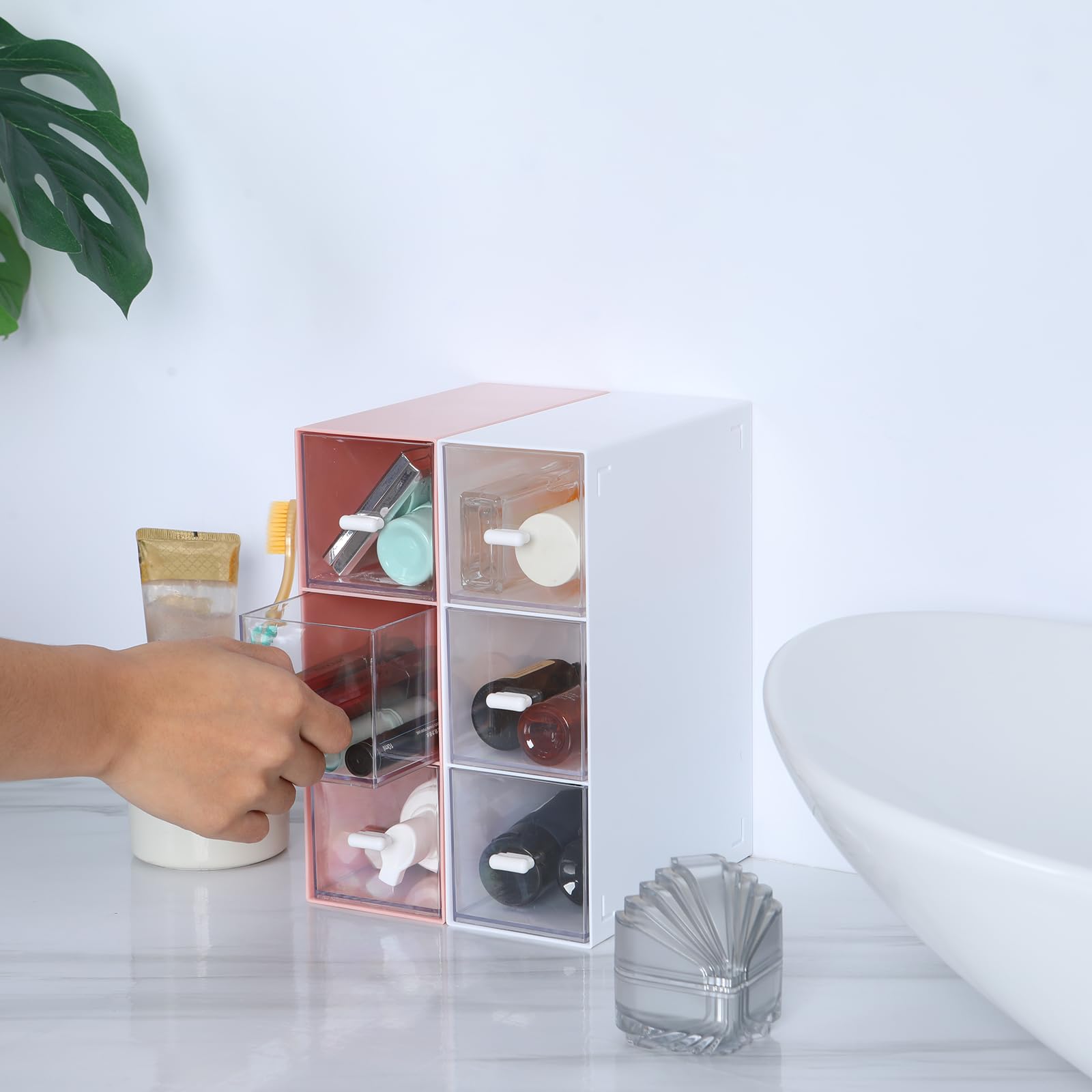 Tiroirs de bureau, organiseur de bureau avec 6 tiroirs, boîte de rangement empilable en plastique pour collection de maison, cosmétiques, fournitures de bureau (2 grandes couches, rose)