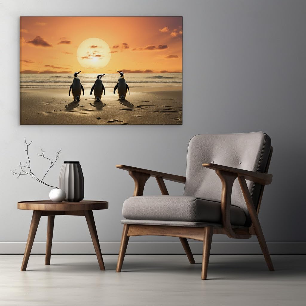 Canvas for Living room. Sunset Serenade with Penguins Three � A Beachscape of Dreamy Warmth, 27 x 18 inch Canvas Wall Art - Contemporary Masterpieces - Modern Home Decor - 69x46 cm (27x18 inch)