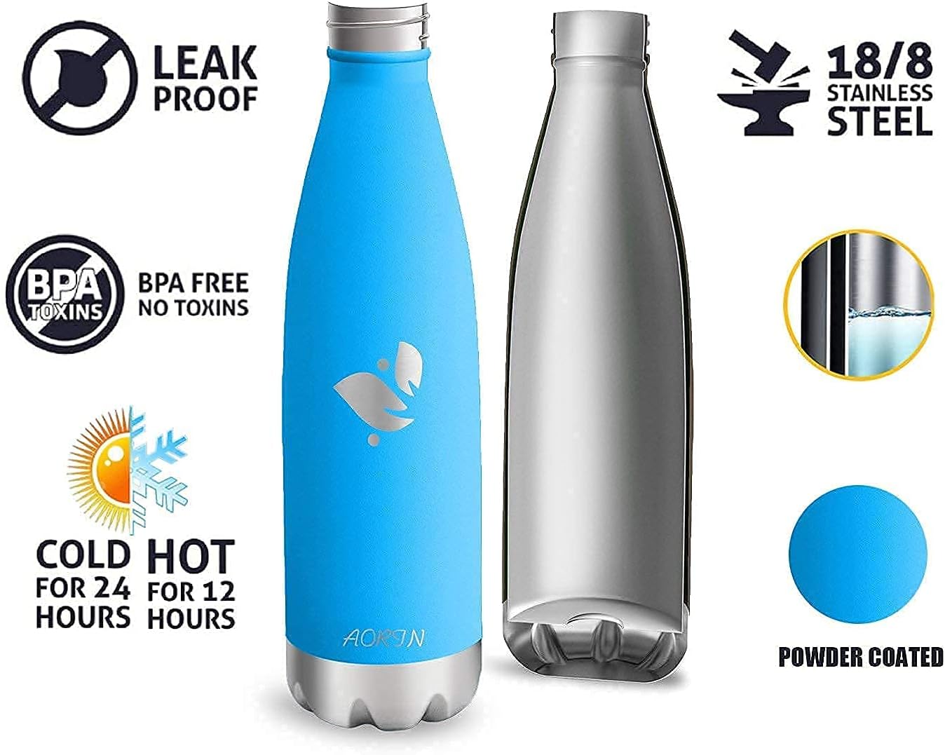 AORIN Vacuum Insulated Stainless Steel Water Bottle, 750ml, 24 hrs Cooling & 12 hrs Keep Warm, BPA Free - Image 5