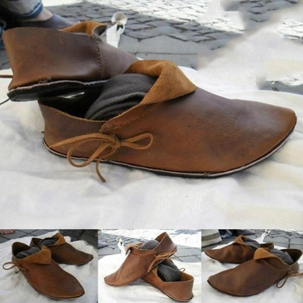 Scarpe Singole vichinghe in Pelle PU Stivali da Cavaliere Cosplay retrò medievali Stivaletti del Periodo Rinascimentale per Uomo Donna Performance, Marrone, 38 EU