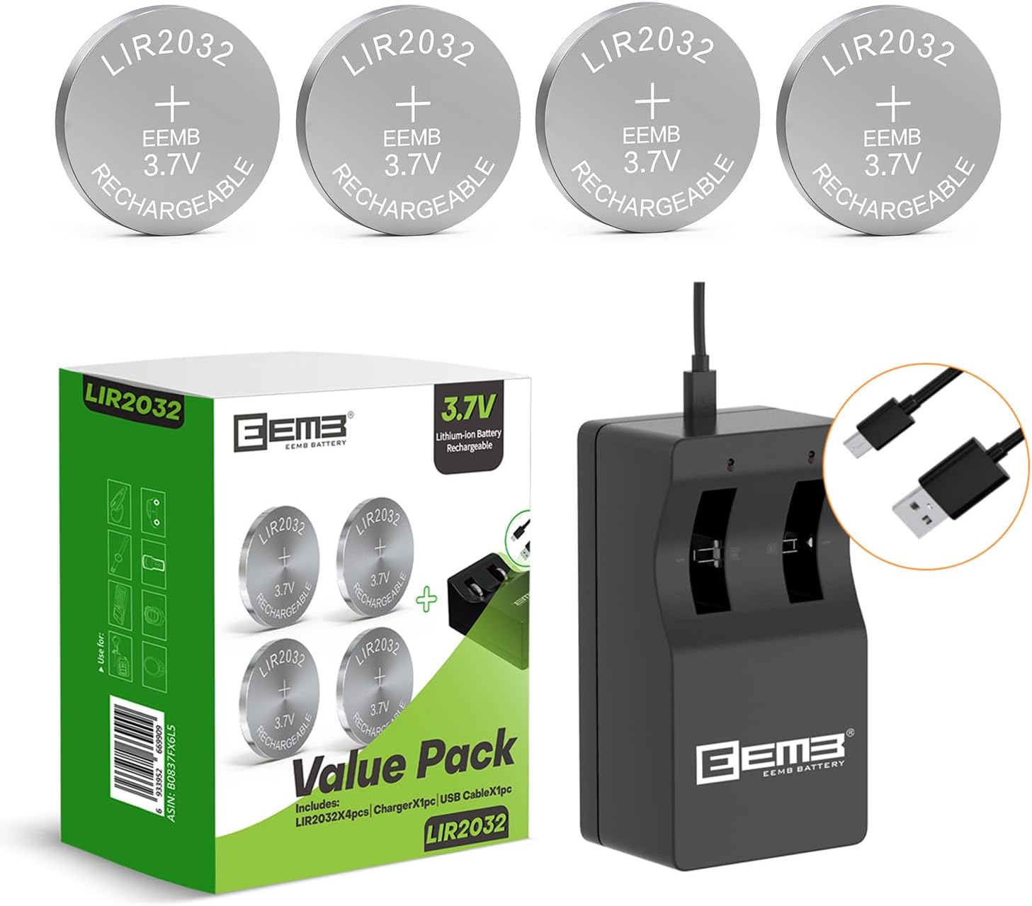 EEMB 2032 Rechargeable Batteries with Charger LIR2032 3.7V Lithium-ion Coin Button Cell Batteries 45mAh Remote Key Fob Watch 4PCS