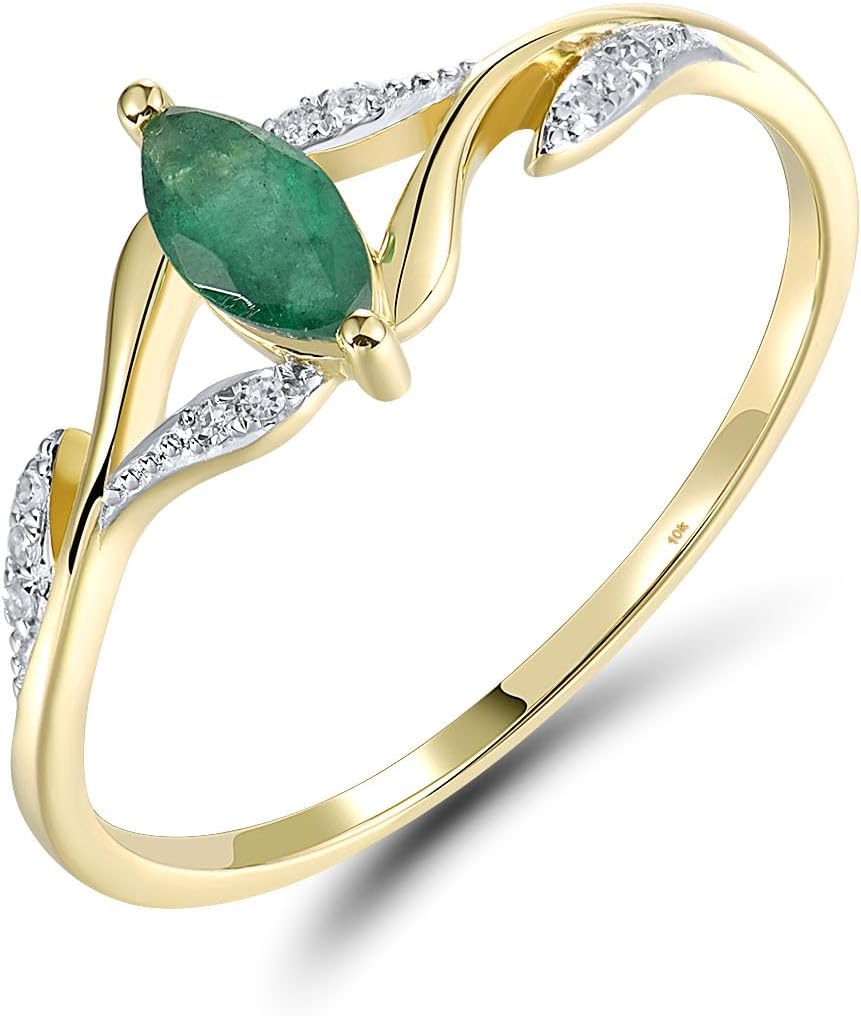 Santuzza 10K Solid Gold Eye Shape Genuine Diamond Gemstone Dainty Ring for Women