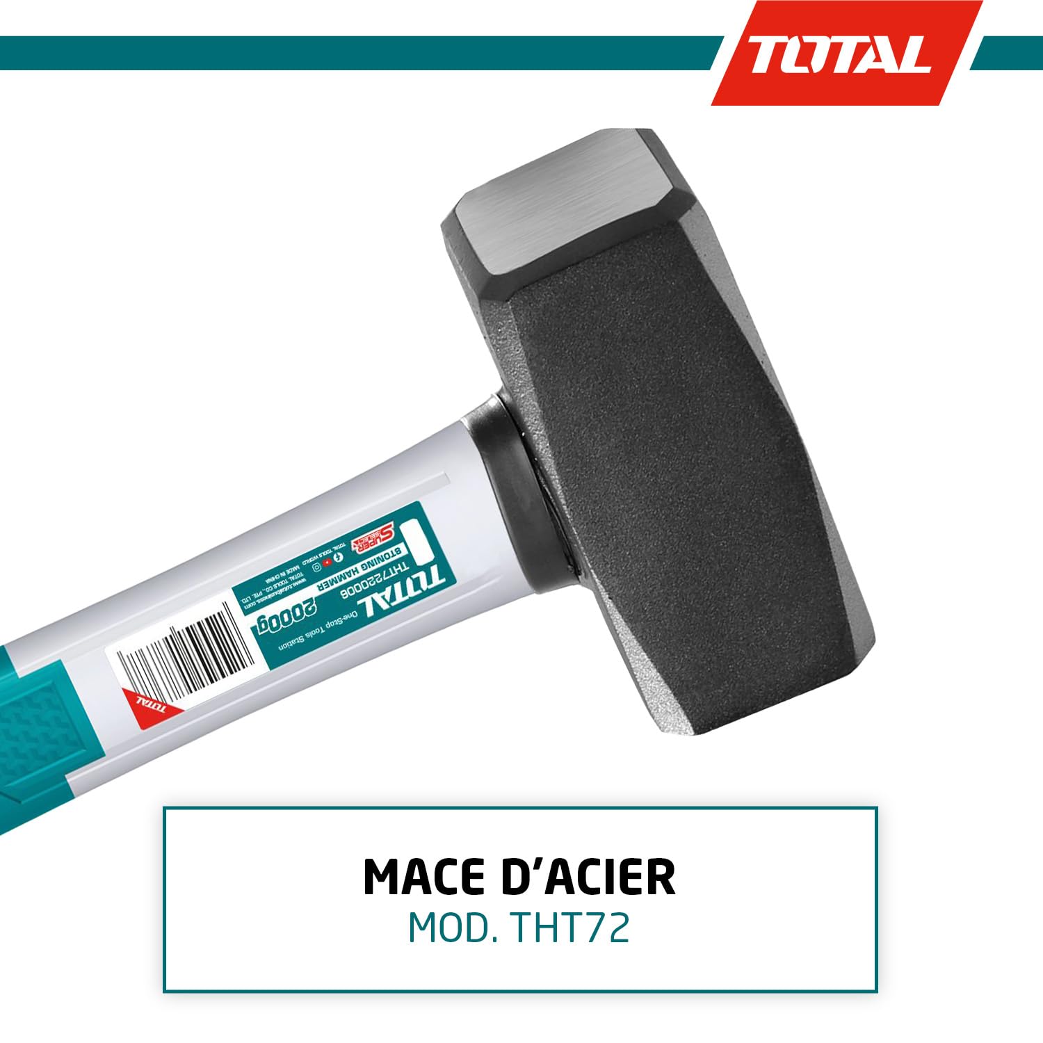 TOTAL - Masse en acier - 2000g - Idéal pour la construction et la maçonnerie - Résistance élevée aux chocs - Poignée ergonomique en fibre - Tête en acier au carbone forgé