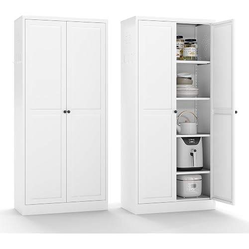 AQY Kitchen Pantry Cabinet,61" White Pantry Storage Cabinet with 4 Tier Adjustable Shelves and 2 Doors,Freestanding Cupboard,Metal Pantry Cabinets with Handle for Living Room Kitchen Assembly Required