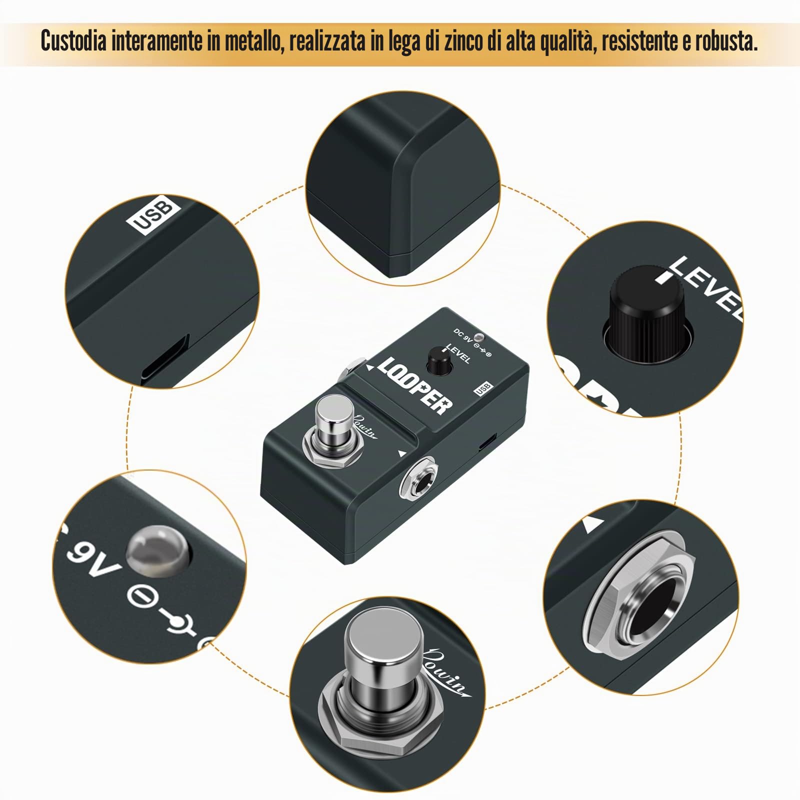 Rowin Tiny Looper LN-332 - Pedale per chitarra, con cavo USB, 10 minuti di registrazione, Loop Station, sovraincisioni Illimitate, per Chitarra Elettrica e Basso