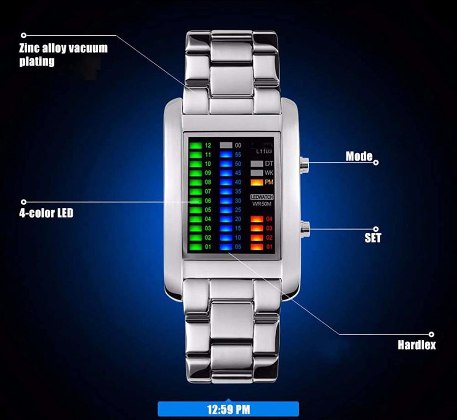 FANMIS Lovers Watch Waterproof Men Women Steel Red Binary Luminous LED Electronic Display Date Sport Watches (Silver Men B)