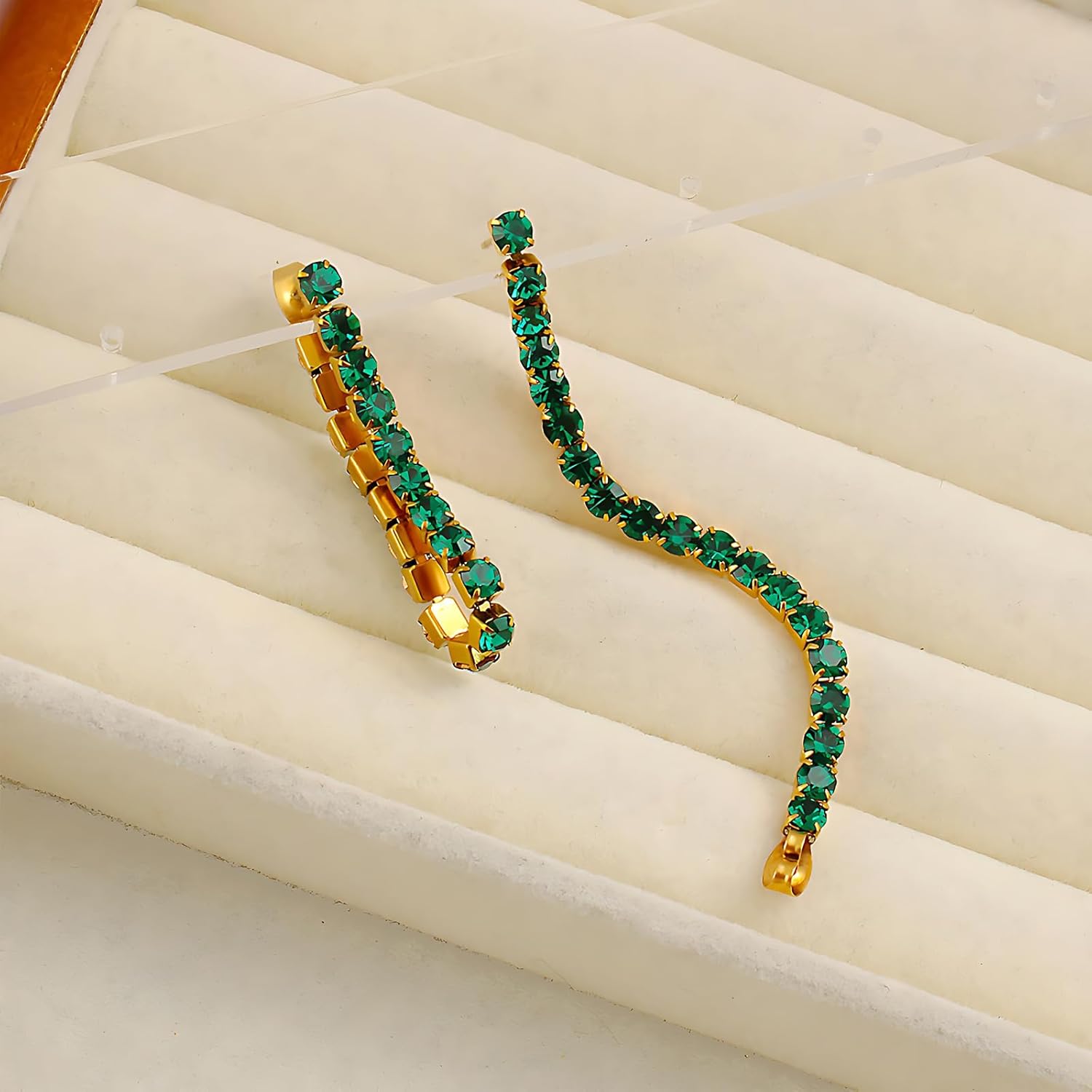 Gold Geometric Drop Earrings for Women, Green Crystal Square Hoop Earrings, Trendy Statement Jewelry Gift - Image 3