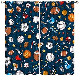 Kids Bedroom Window Curtains, Basketball Soccer Baseball Sports Theme Teenage Boys Home Living Room Blackout Curtains,Decor 42×45 Inch