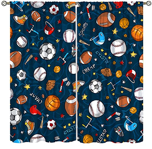 Kids Bedroom Window Curtains, Basketball Soccer Baseball Sports Theme Teenage Boys Home Living Room Blackout Curtains,Decor 42x45 Inch