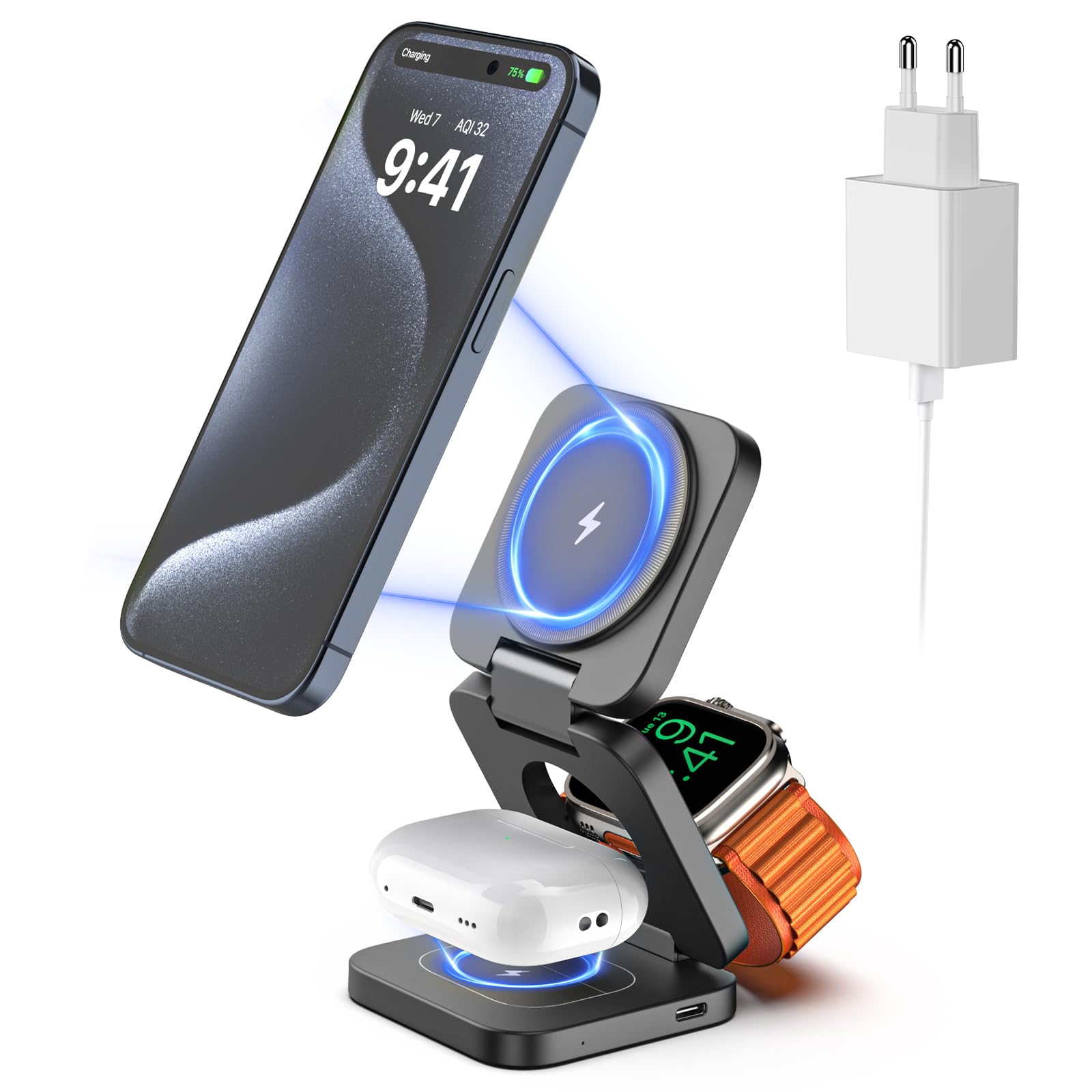 KU XIU X55 15W Magnetisches Ladestation für Magsafe, Faltbar 3-in-1 Ladestation Reise, Ladegerät Ständer für Apple Watch und iPhone 17-12 & AirPods, Mit 30W USB-C Netzteil, Grau