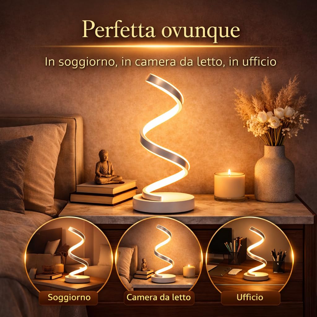 Arcadia Lampada da Comodino LED - Luce Notturna Dimmerabile Bianco Freddo, Naturale e Caldo - Design a Spirale Moderno 3200 Lumen - Abat-jour per Camera da Letto, Scrivania e Salotto (2 x Argento)